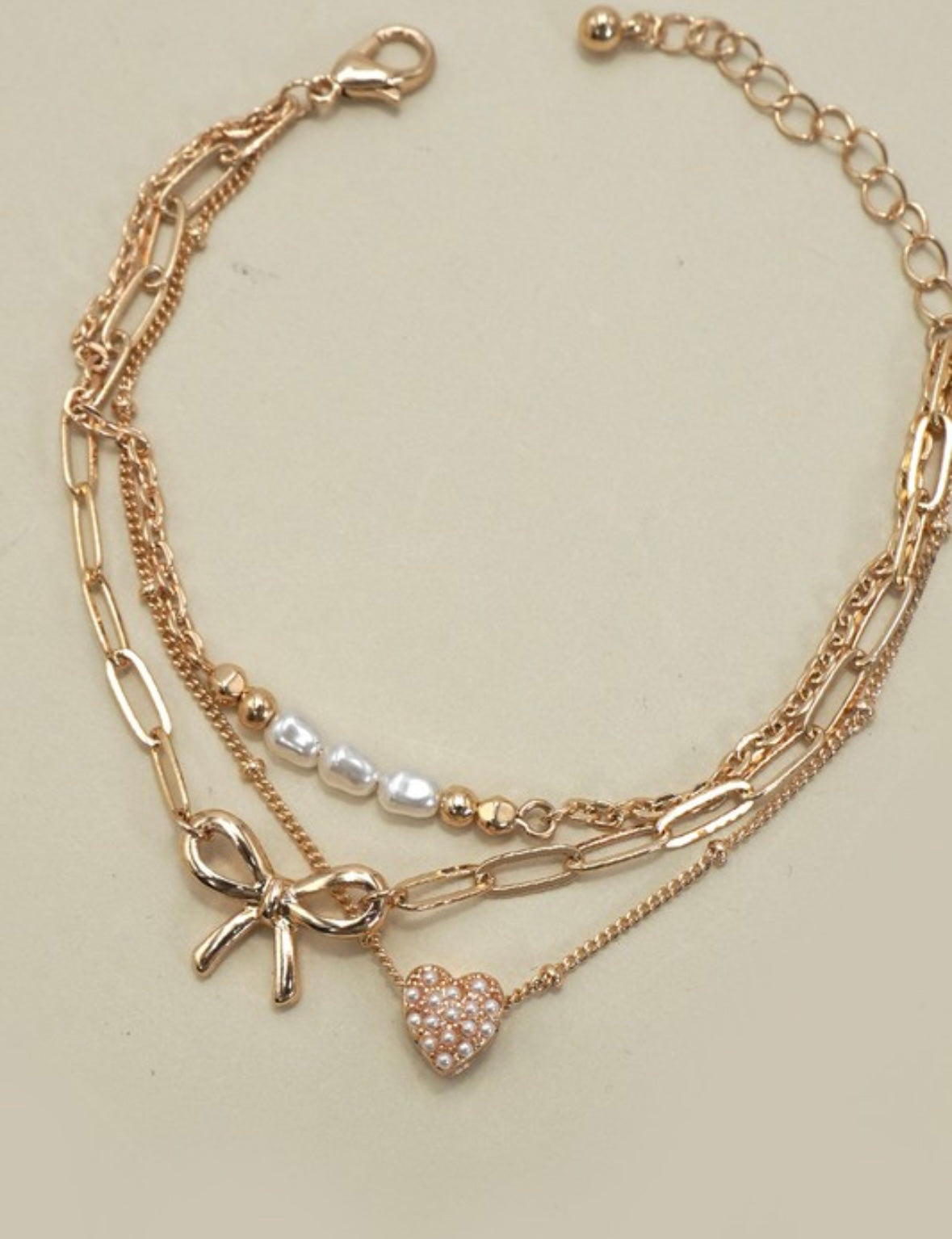 Bow/Pearl/Heart Charm Bracelet