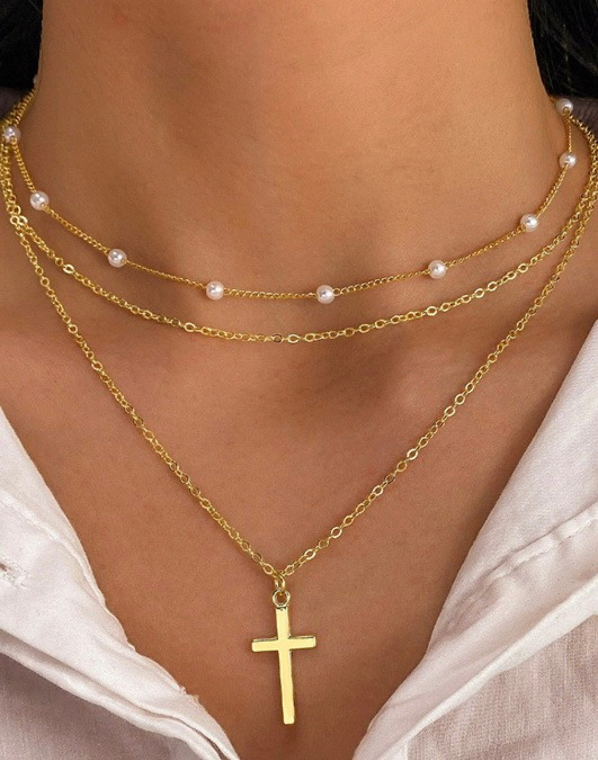 Cross and Pearl Layering Necklace