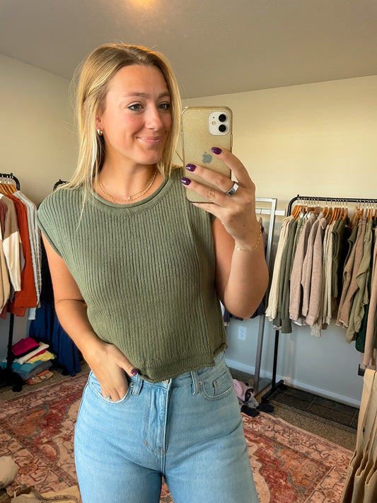 Olive Sleeveless Sweater Top