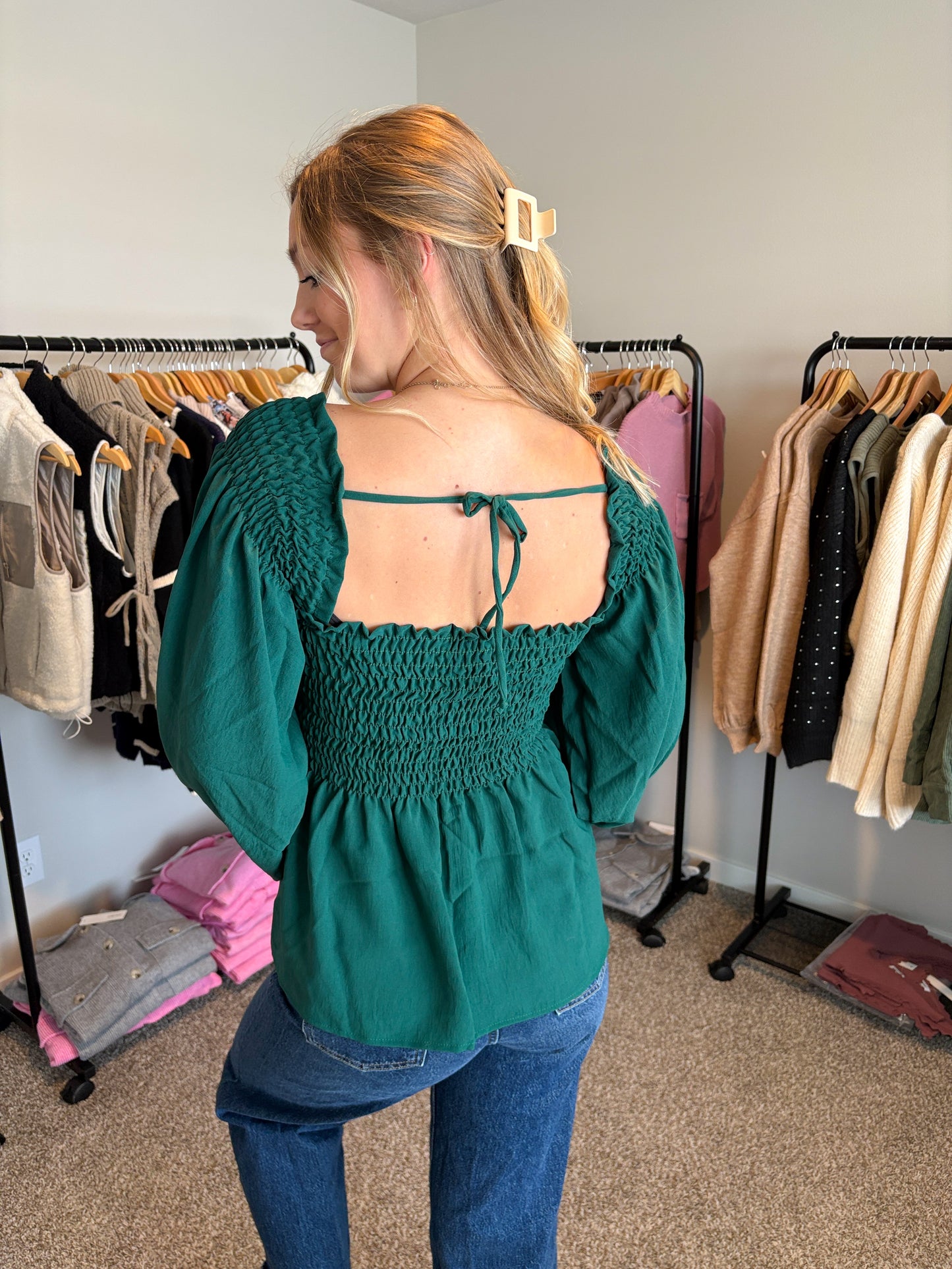 Hunter Green Puff Sleeve Top