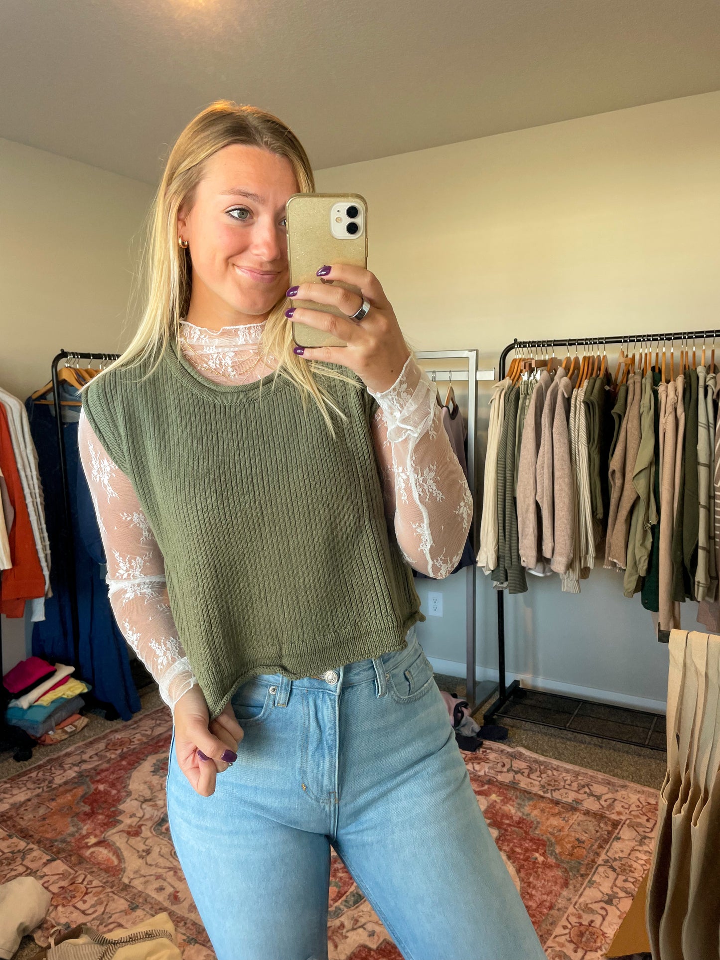 Olive Sleeveless Sweater Top