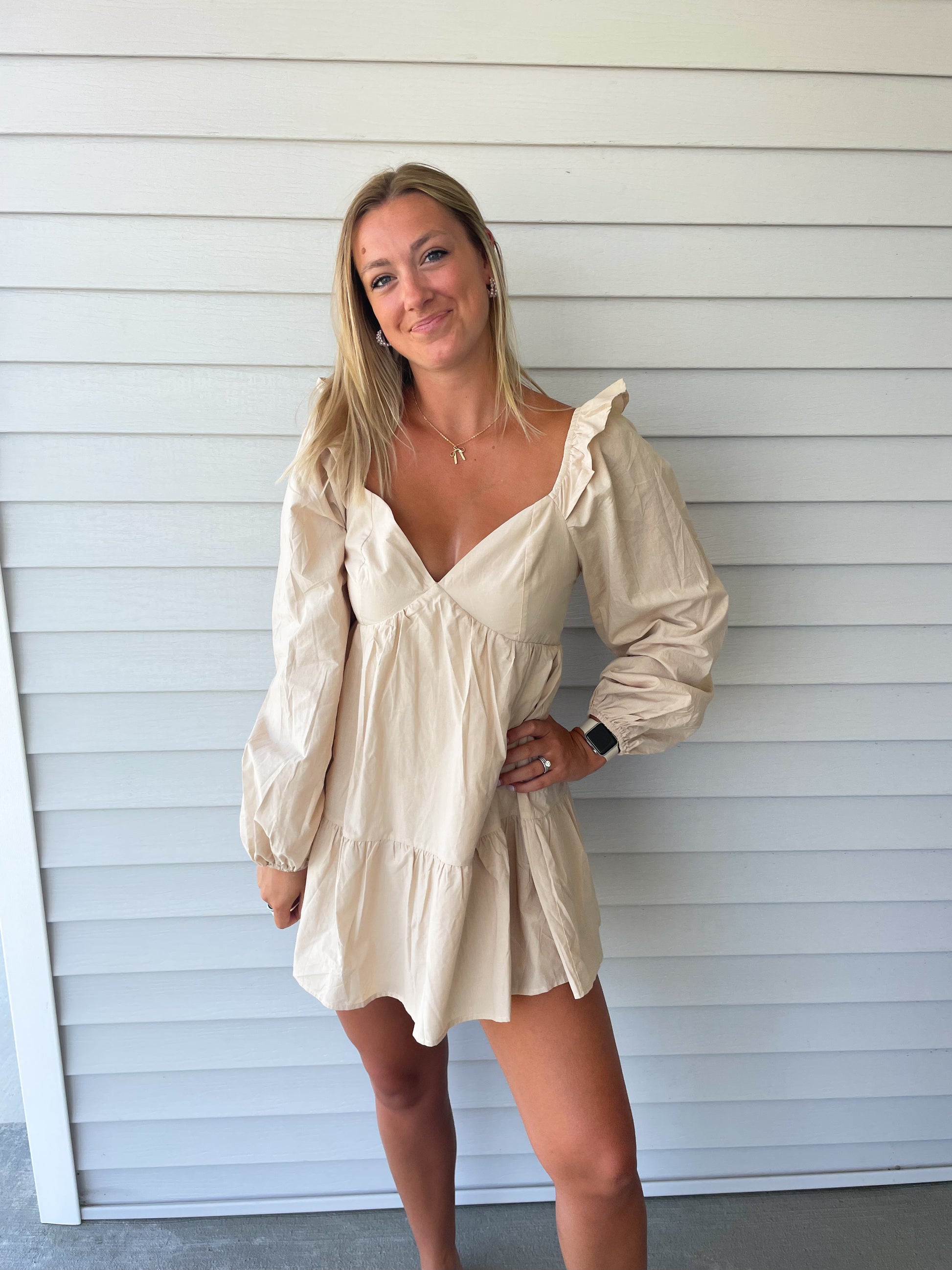 beige babydoll dress Dream All Day Babydoll Dress In Taupe
