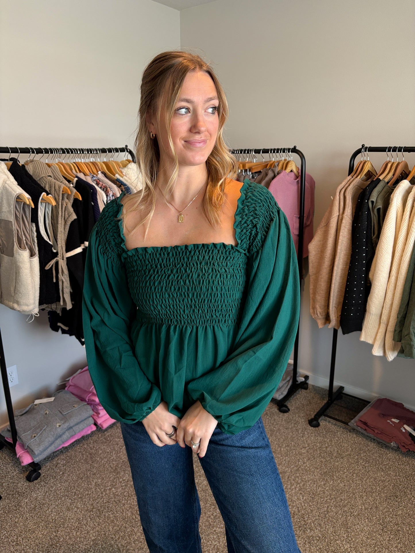 Hunter Green Puff Sleeve Top