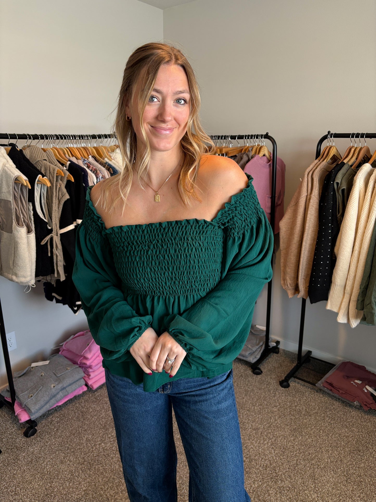 Hunter Green Puff Sleeve Top