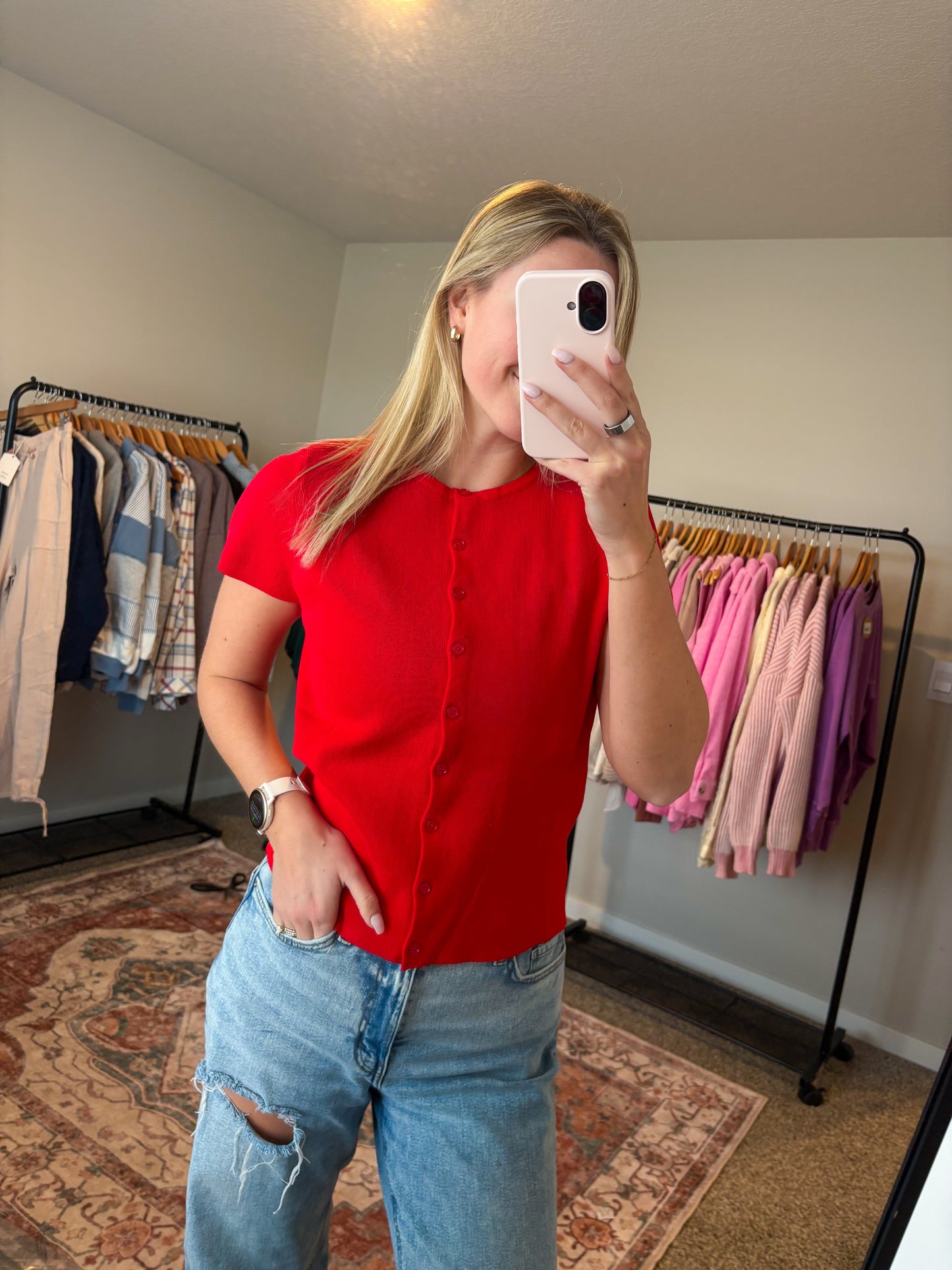 Red Button Front Top