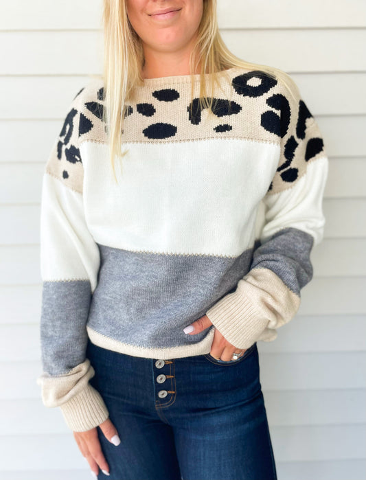 Oversized Leopard Print Color Block Sweater