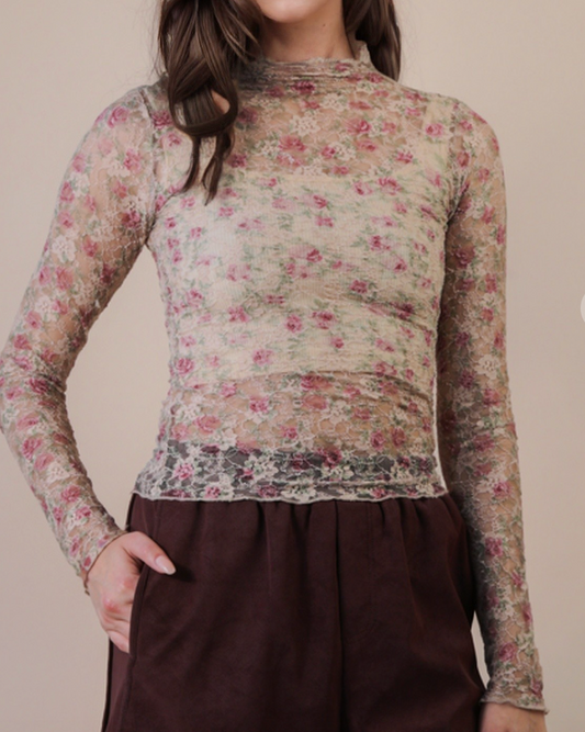 Beige Floral Sheer Top