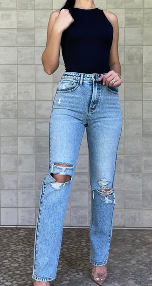 Distressed Straight Leg Jeans